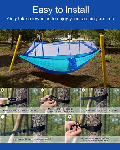 Hamac de Camping avec Moustiquaire, Ultra-léger Hamac de Voyage, 260 x 140cm, 300kg Capacité de Charge, 2 Personnes Nylon Respirante Portable Hamac pour Jardin Camping Extérieur (Bleu)