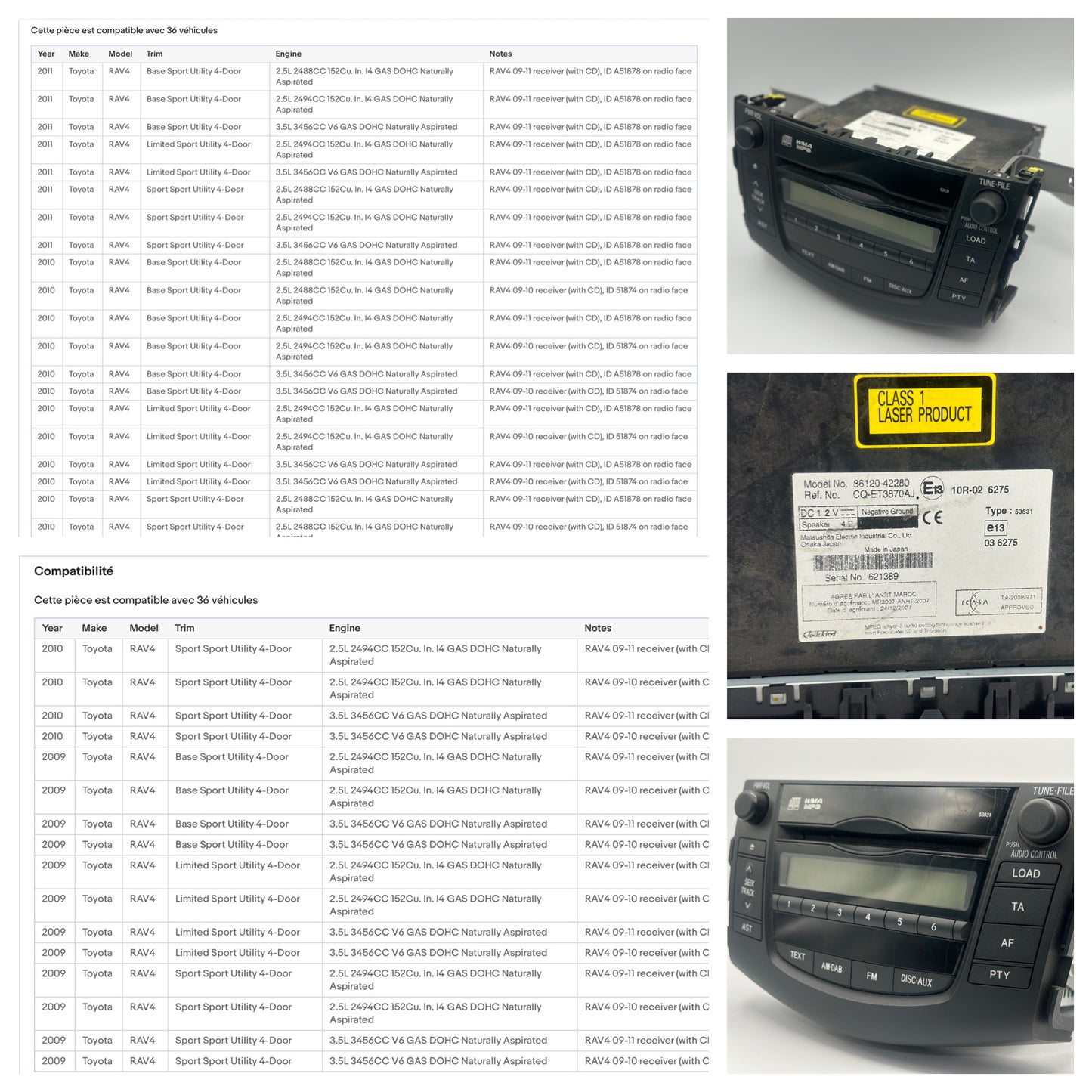 Autoradio dorigine Toyota Rav4 2009-2011 Am FM lecteur CD récepteur radio DXUWZ parfait état