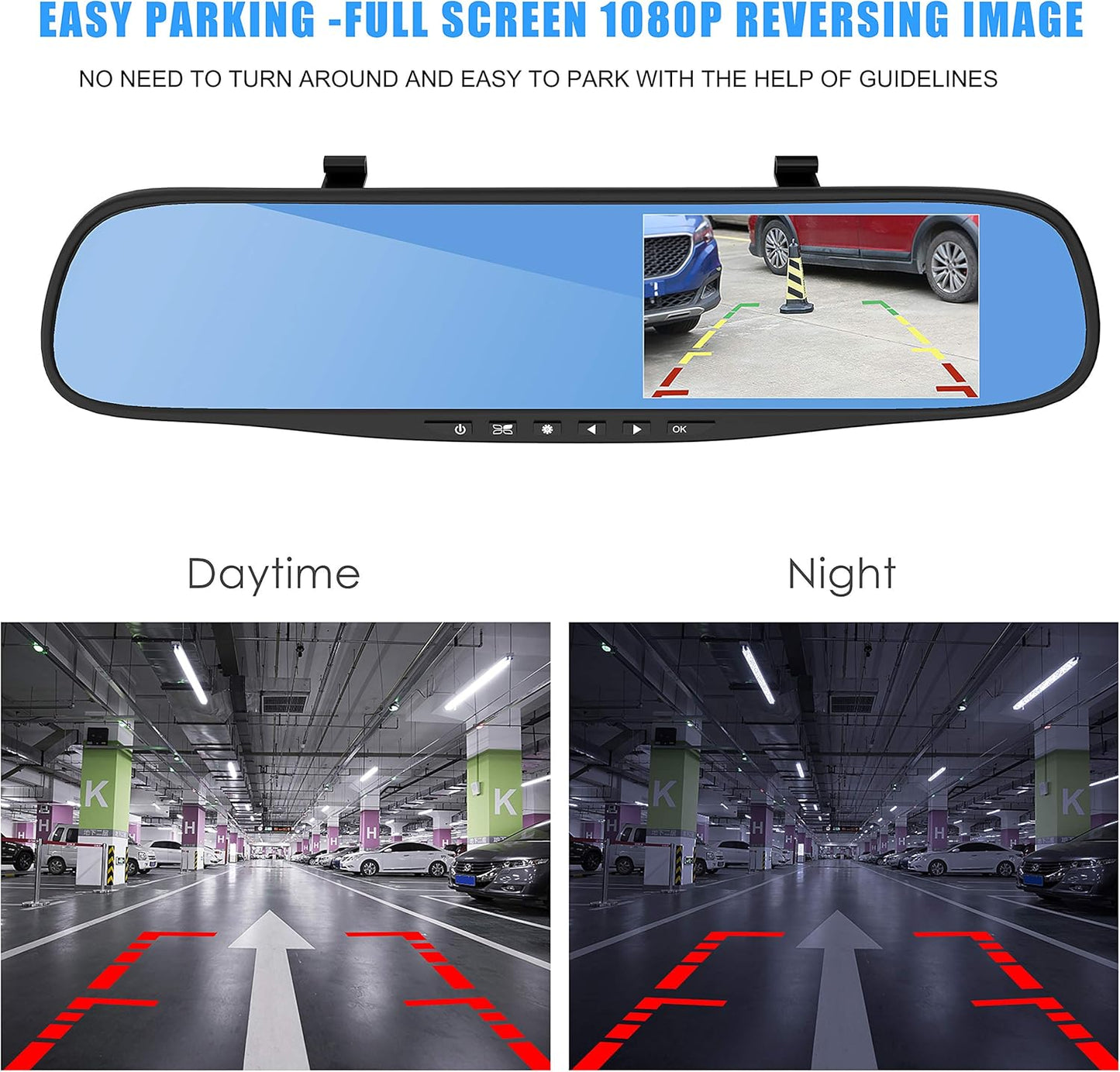 Dash cam 4.3 "1080p à Double Objectif Voiture Auto DVR Miroir Dash Cam enregistreur + Kit caméra de Vue arrière