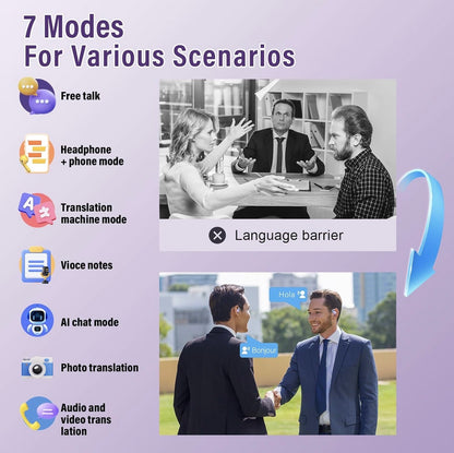 AI Ecouteur Traducteur Instantané, 58H Bluetooth 5.4 Ecouteurs sans Fil Open Ear avec 164 Langues, 3 en 1 Écouteur Traduction Vocale Instantanée, 7 Modes de Traduction, pour Affaires, Violet