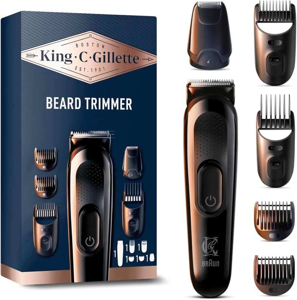 Gillette King C Tondeuse Electrique Pour Hommes, Sans Fil Avec Lames Affûtées Inusables, Tête Lavable, Coffret Avec 4 Sabots Différents Pour Rasage De La Barbe De 3 Jours, Courte, Moyenne Et Longue