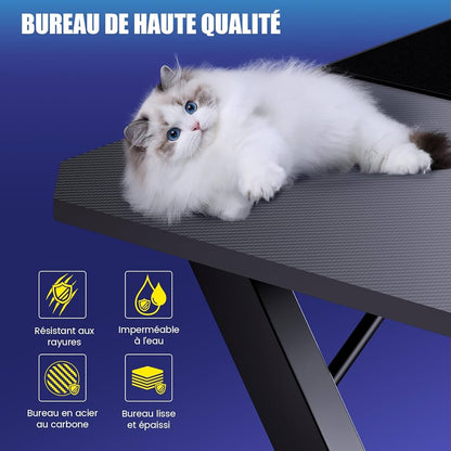 Bureau Gaming 120 x 60 cm, Bureau Gamer avec Tapis de Souris, Table Gaming PC en Fibre de Carbone avec Crochet pour Casque, Noir (Noir)