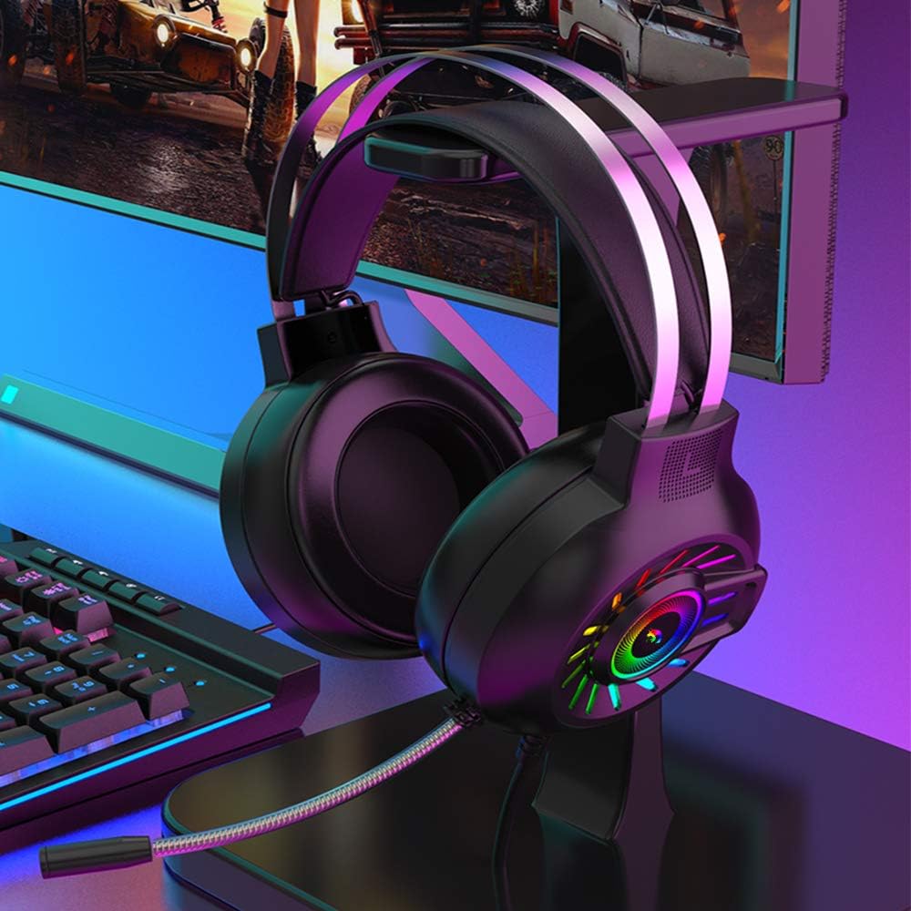 Casque de Jeu, Casque de Jeu Filaire stéréo 3,5 mm avec rétroéclairage Arc-en-Ciel RVB, Son Surround de Casque Professionnel et Microphone à réduction de Bruit, pour PS4 / Xbox One/Mac/PC (Noir)