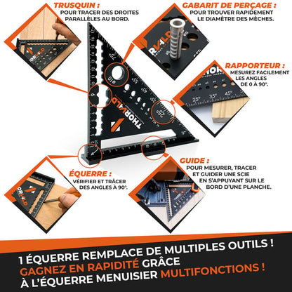 5 en 1 Equerre Menuisier 180 mm - Inclus Crayon Chantier - Multifonction : Trusquin / Raporteur / Gabarit de percage / Equerre a chapeau - Aluminium