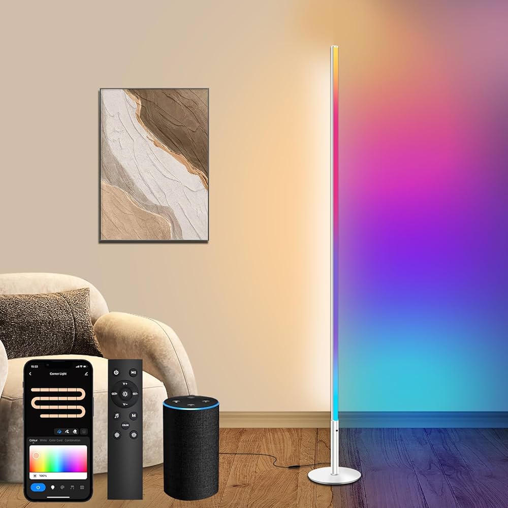 Lampadaire sur Pied Salon, RGBCW LED Compatible avec Alexa / Google Home / WiFi APP et Télécommande, D'angle Lampe Moderne Chambre Musique Sync 2700K-6500K 16 Millions Couleurs