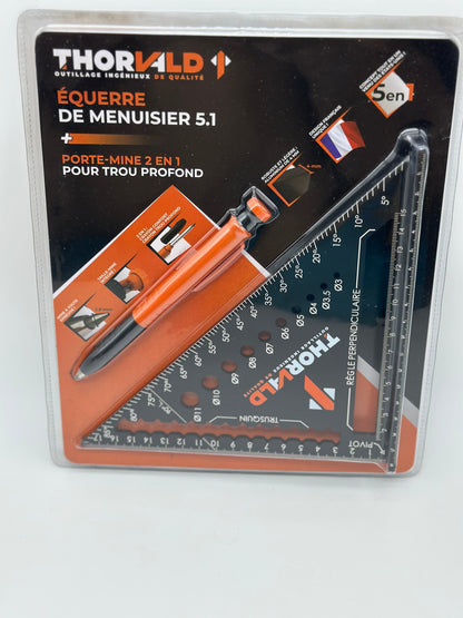 5 en 1 Equerre Menuisier 180 mm - Inclus Crayon Chantier - Multifonction : Trusquin / Raporteur / Gabarit de percage / Equerre a chapeau - Aluminium