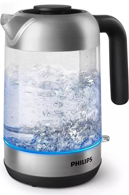 Philips Série 5000 Bouilloire Électrique en Verre - Capacité 1,7L, Résistance Plate pour Ébullition Rapide, Tamis Anti-Calcaire, Base 360° Sans Fil, Couvercle Amovible, Voyant Bleu (HD9339/80)