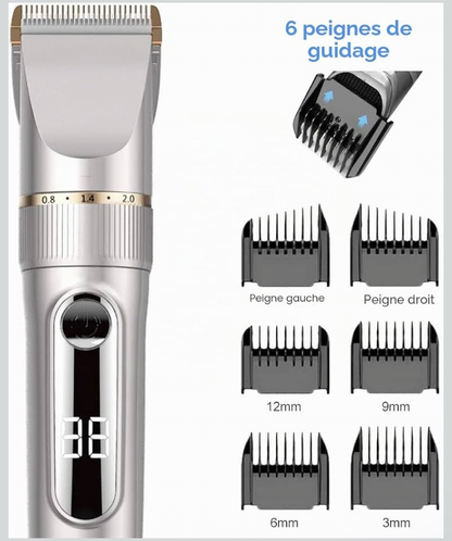 Tondeuse à Cheveux Hommes Professionnel Sans fil IPX7 Tondeuse Homme Rechargeable à 2 Niveaux de Vitesse Écran LCD et Lame Céramique avec 2 peignes à favoris et 4 Peigne 3/6/9/12 mm