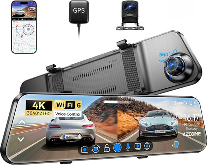 AZDOME PG17 4K Caméra de Tableau de Bord Miroir 12", caméra de rétroviseur WiFi avec caméra arrière étanche 1080P, Carte 64 Go Incluse, GPS, Vision Nocturne WDR, contrôle Vocal, Assistant de Conduite