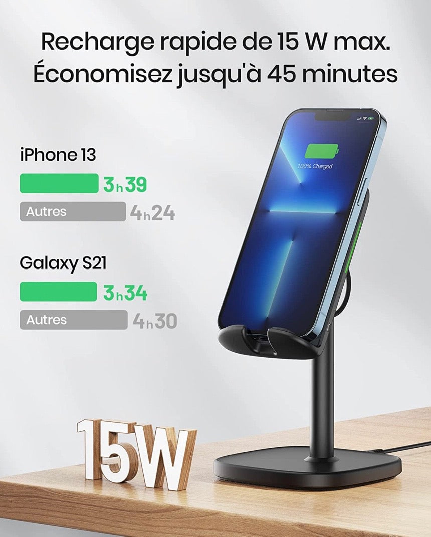 Chargeur Induction, 15W Certifié Qi Charge Rapide à Double Bobine, Lumière Adaptative Facile à Dormir, Chargeur sans Fil pour iPhone 13 12 11 8 Pro Max XR XS X Samsung S22 S21 S20 LG, Noir