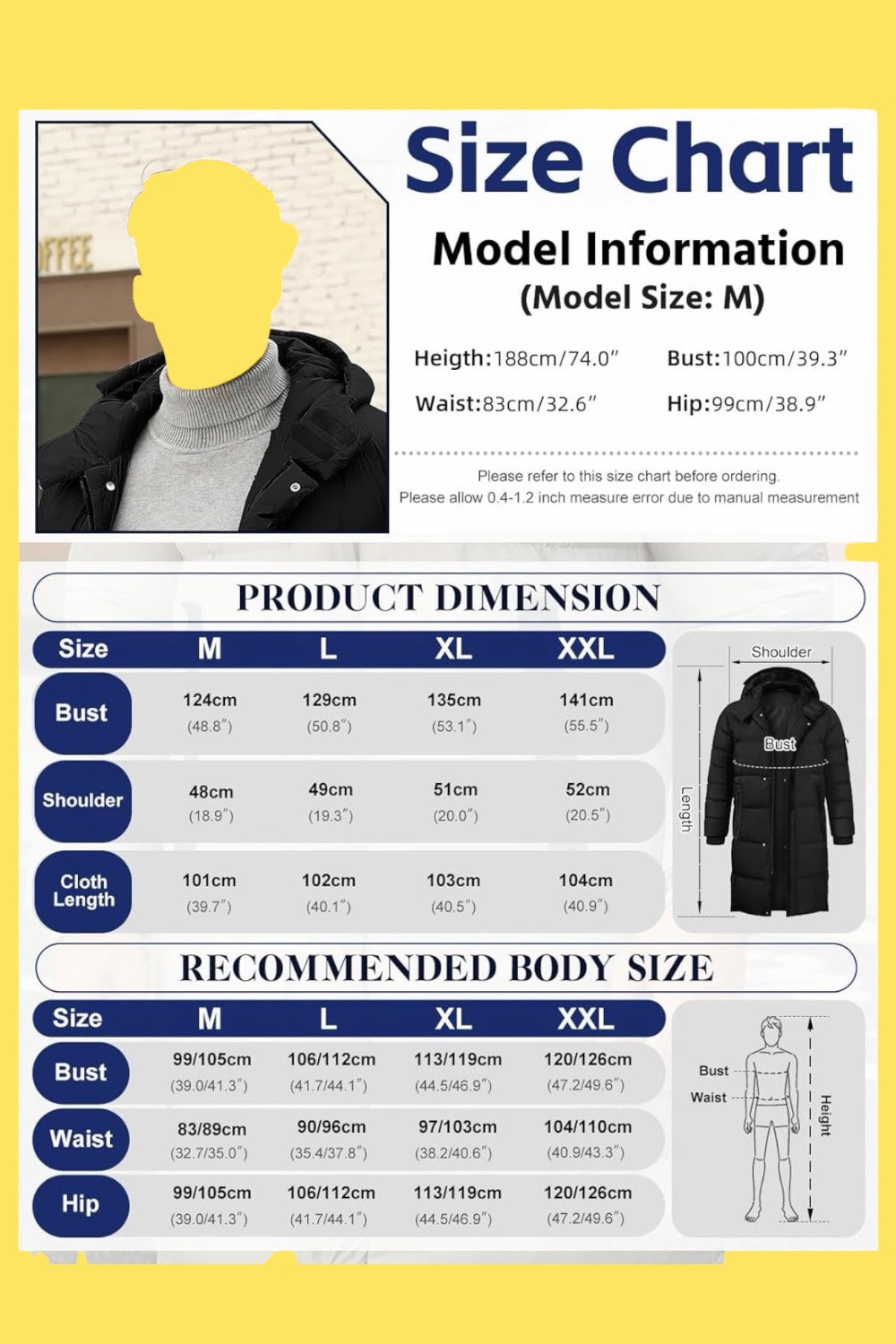 Veste Homme Hiver Épaissir Chaude Longue Parka Manteau Coupe-vent Matelassé Vestes Décontractée Zippé l'extérieur Blouson à Capuche avec Poches