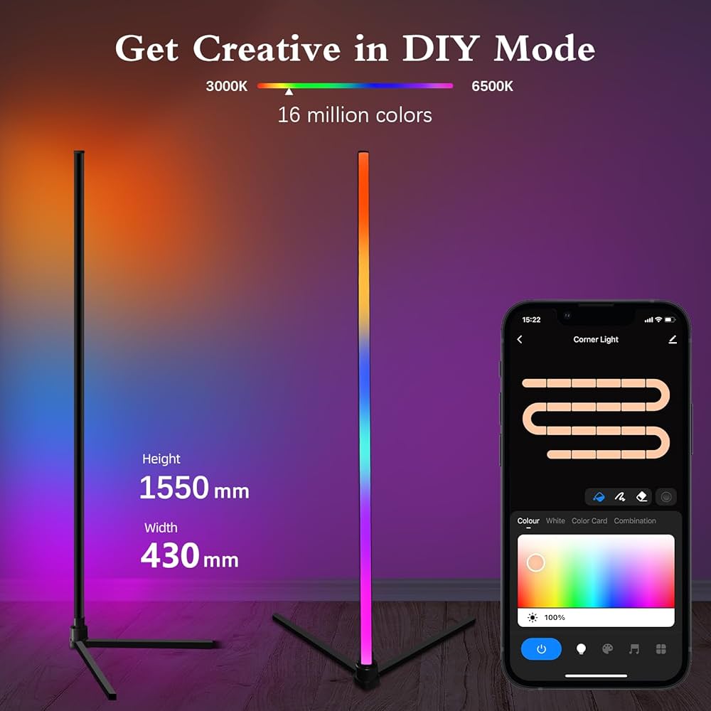 Lampadaire sur Pied D'angle RGBCW LED Compatible avec Alexa/Google Home/WiFi APP/Télécommande - Éclairage Décoratif Moderne pour Salon et Chambre