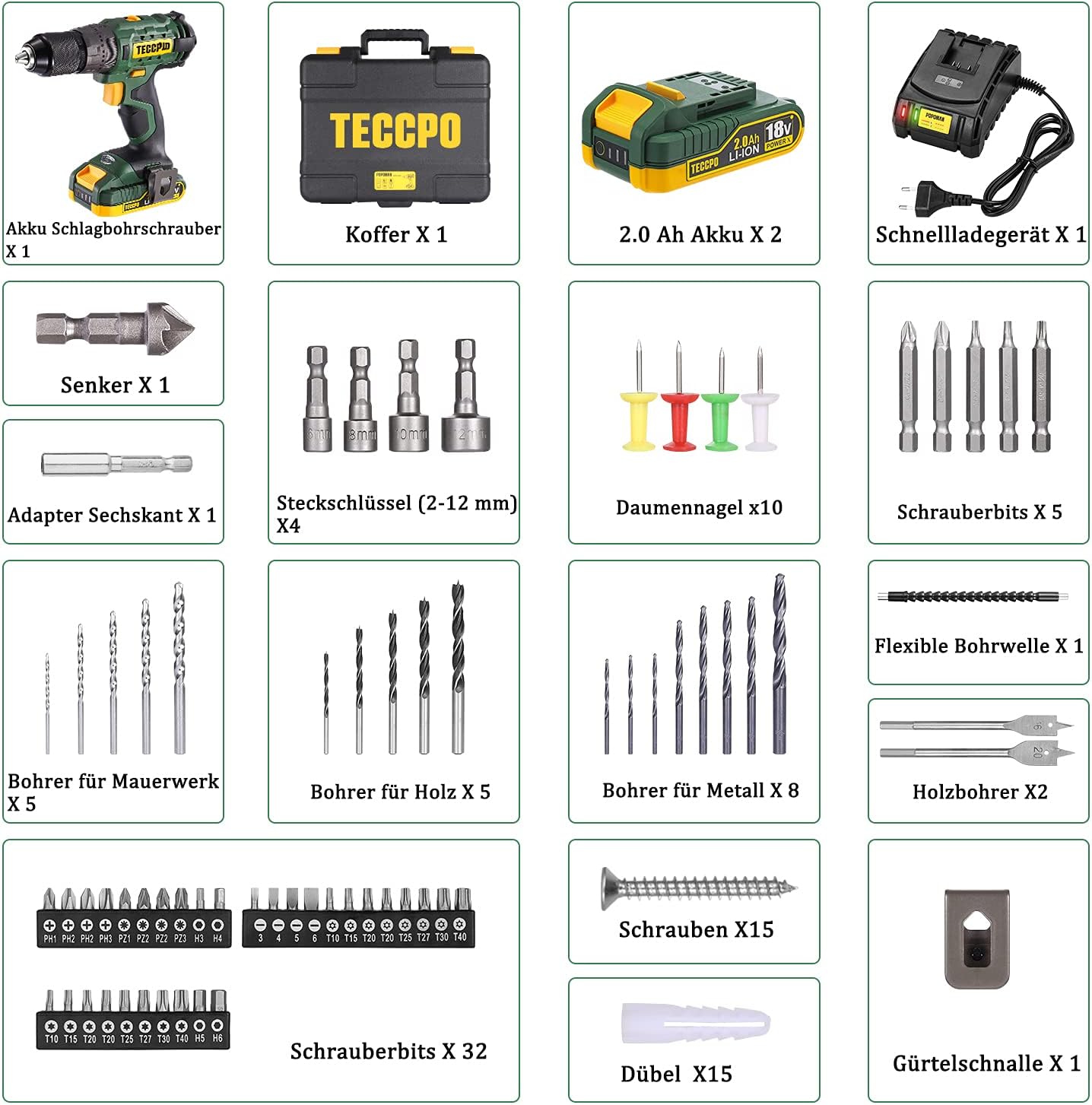 Visseuse sans fil TECCPO 18 V, 45 Nm, 2 batteries 2000 mAh et 105 accessoires, chargeur rapide, 21 + 3 niveaux de couple, 2 vitesses, mallette à outils portable - BHD700B