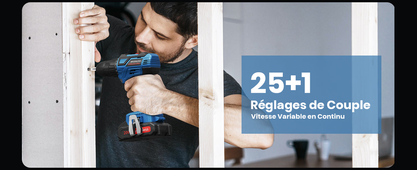 Perceuse Visseuse Sans Fil, 20V brushless avec 2 Batteries + chargeur 25 Accessoires neuves