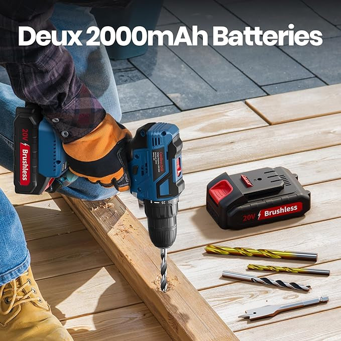 Perceuse Visseuse Sans Fil, 20V brushless avec 2 Batteries + chargeur 25 Accessoires neuves
