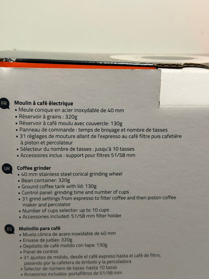 Livoo, Moulin à café électrique DOD191, Puissance 180 W, 600 tours par minute, 31 réglages de mouture, Capacité du réservoir à grains 320 g et café moulu 130 g, 10 tasses