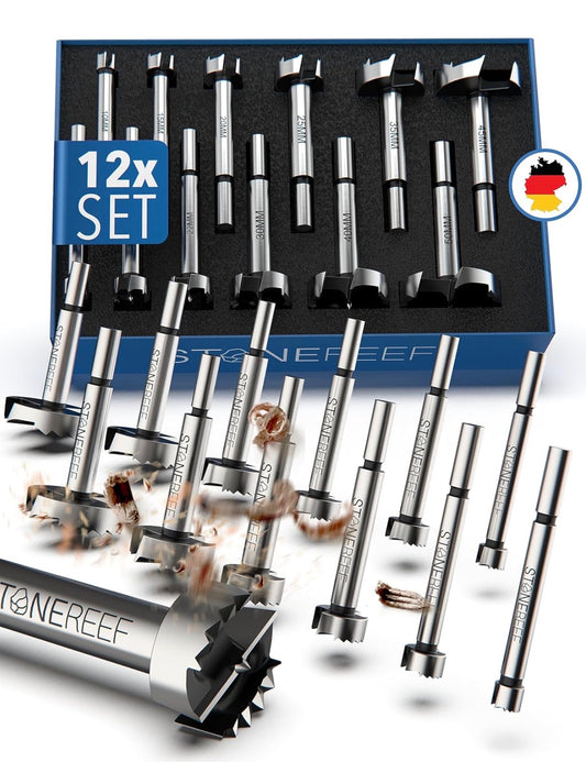 STONE REEF Lot de 12 Forets Forstner [10-50 mm] Avec Boîte de Rangement - Pour Bois, Foret à Coque, 40 mm