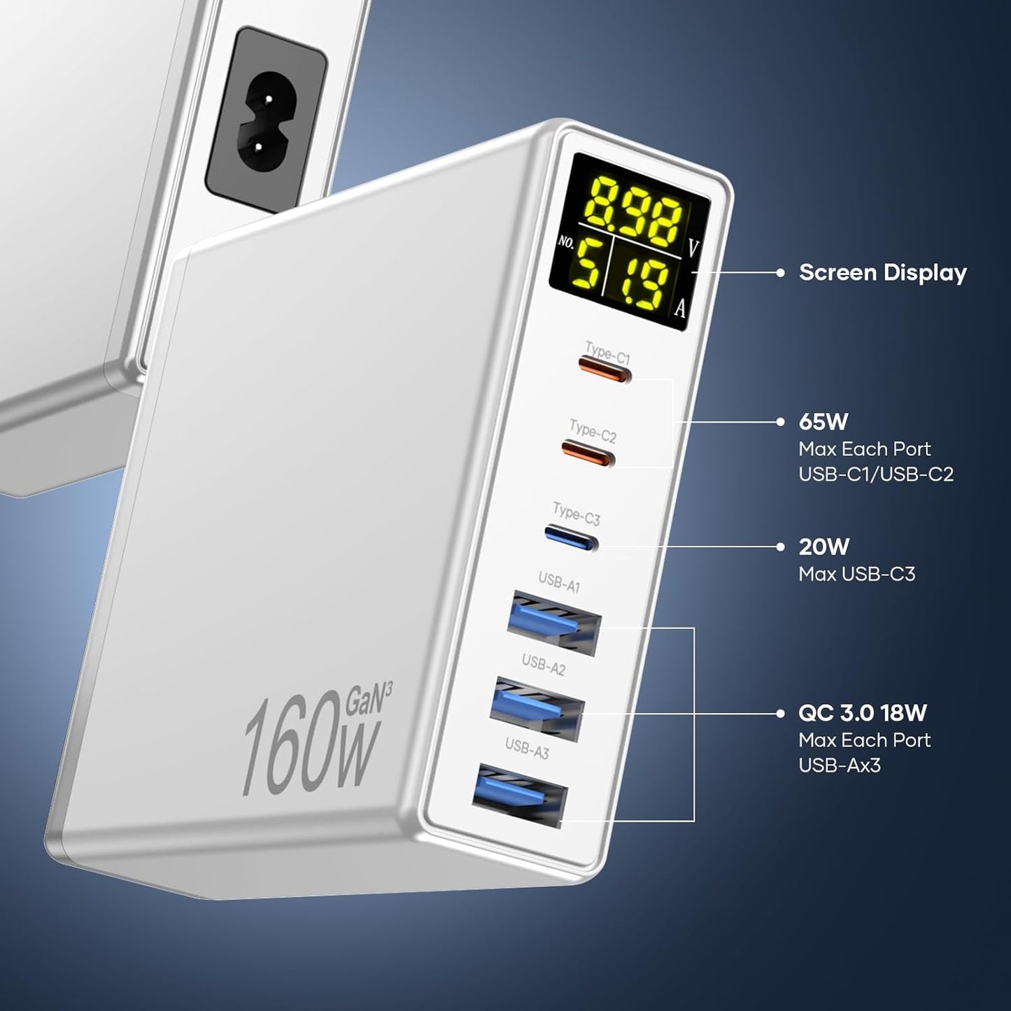 Chargeur Rapide USB C, 160W GaN 6-Port avec LED Display, Chargeur Secteur Multiple avec 3 USB-C et 3 USB-A PPS PD 3.0 für Macbook Pro/Air Laptop iPhone iPad Samsung