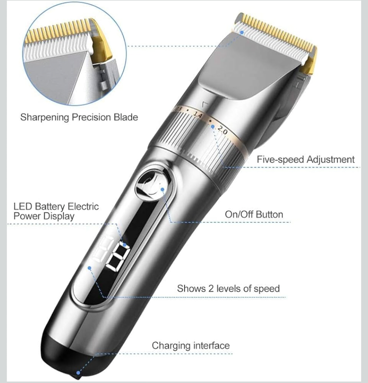 Tondeuse à Cheveux Hommes Professionnel Sans fil IPX7 Tondeuse Homme Rechargeable à 2 Niveaux de Vitesse Écran LCD et Lame Céramique avec 2 peignes à favoris et 4 Peigne 3/6/9/12 mm