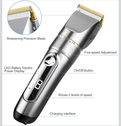 Tondeuse à Cheveux Hommes Professionnel Sans fil IPX7 Tondeuse Homme Rechargeable à 2 Niveaux de Vitesse Écran LCD et Lame Céramique avec 2 peignes à favoris et 4 Peigne 3/6/9/12 mm