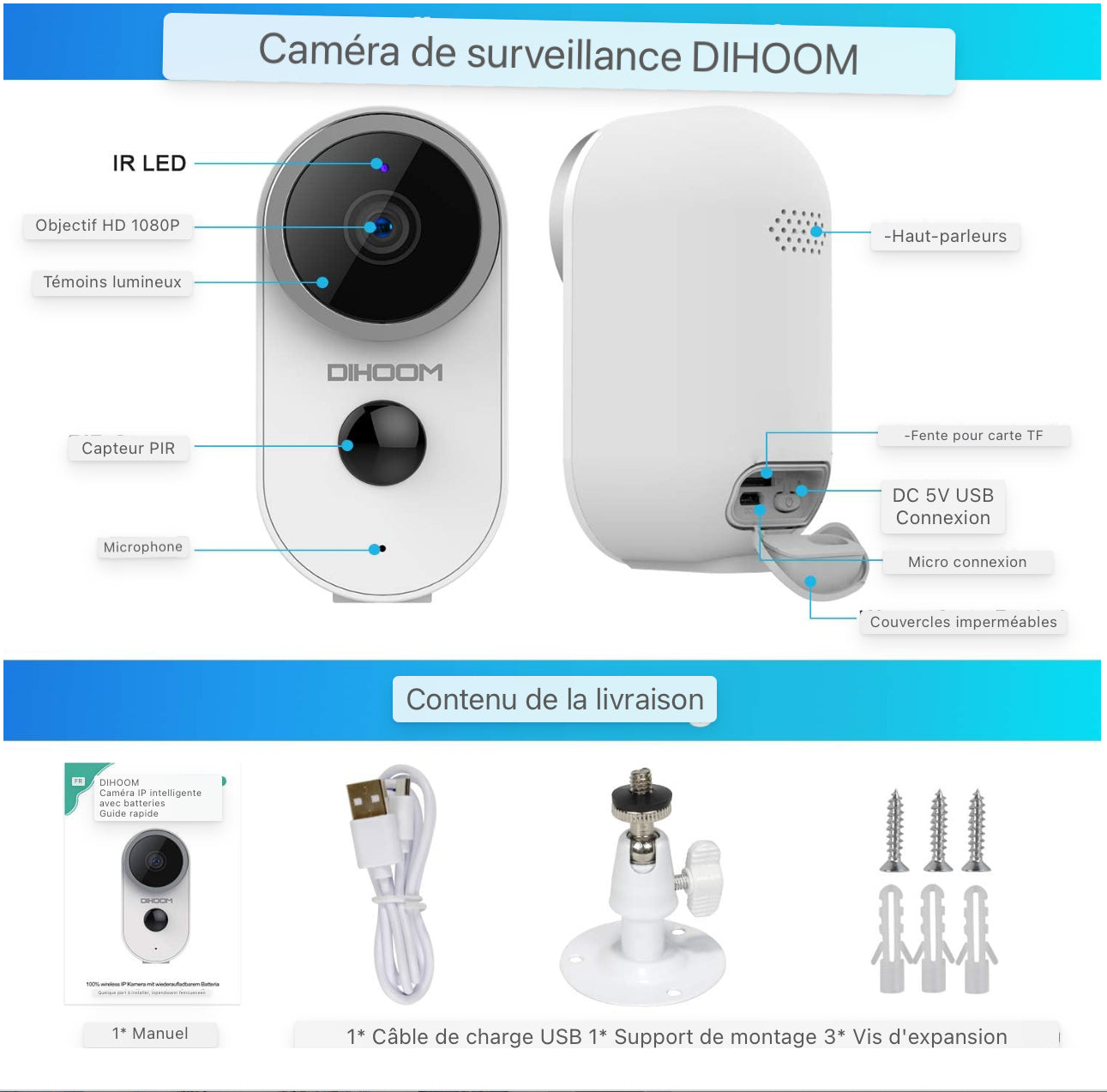 Caméra de sécurité sans fil WLAN 1080P Caméra IP pour extérieur et intérieur, fonctions de détecteur de mouvement PIR et interphone, sirène d'alarme manuelle Vision nocturne étanche Caméra WiFi IP65 et accès à distance