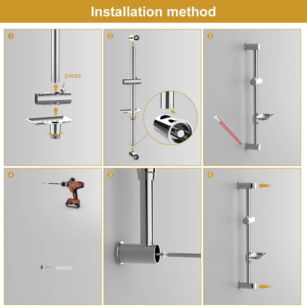 Ensemble Barre de Douche 55 CM, Douchette, Flexible, Porte-Savon, Chrome, Argent