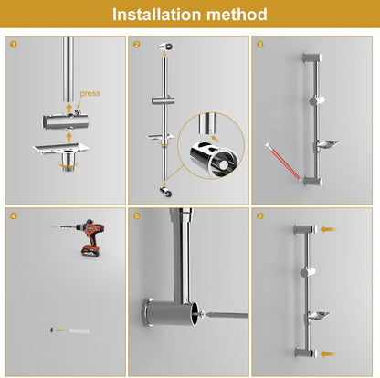 Ensemble Barre de Douche 55 CM, Douchette, Flexible, Porte-Savon, Chrome, Argent