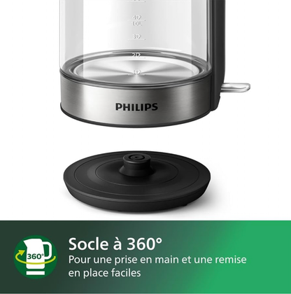 Philips Série 5000 Bouilloire Électrique en Verre - Capacité 1,7L, Résistance Plate pour Ébullition Rapide, Tamis Anti-Calcaire, Base 360° Sans Fil, Couvercle Amovible, Voyant Bleu (HD9339/80)