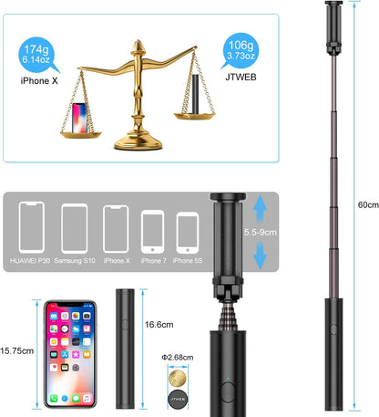 Perche Selfie Bluetooth 3 en 1 Ultra-Léger, Bâton Stick Réglable Télescopique, pour iPhone XS/XS Max/XR/X / 8 / 8P / 7 / 7P / 6s / 6/5, Galaxy S9 / 8/7/6 / Note, Huawei, Nubia, Xiaomi