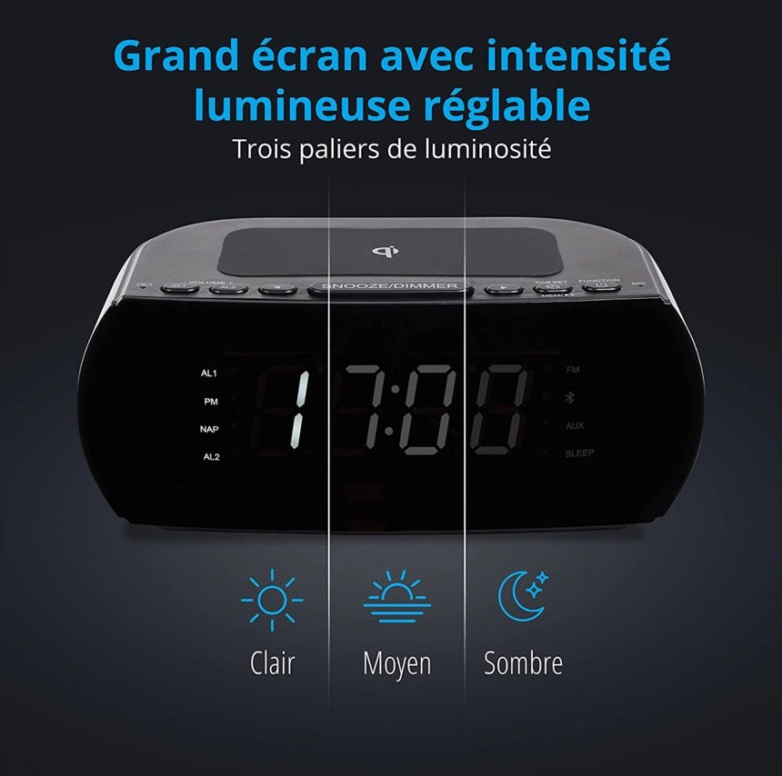 MEDION Radio-réveil avec Station de Charge sans Fil (Radio-réveil FM numérique, Qi Pad de Charge Rapide pour Smartphones, Bluetooth, Sleep Timer, réveil, variateur, AUX, USB) Noir