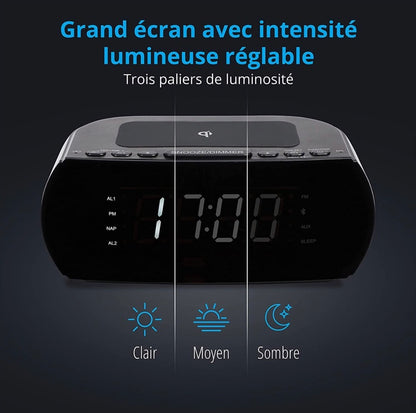 MEDION Radio-réveil avec Station de Charge sans Fil (Radio-réveil FM numérique, Qi Pad de Charge Rapide pour Smartphones, Bluetooth, Sleep Timer, réveil, variateur, AUX, USB) Noir