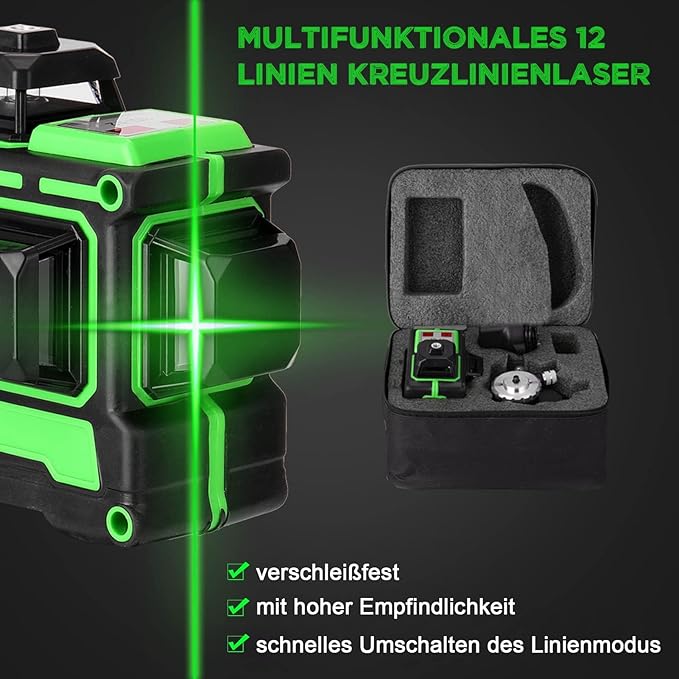 Niveau Laser Vert en 3 x 360 3D 12 Lignes avec Fonction 3° D'auto-Nivellement Auto-équilibrage du Niveau Laser Multifonctionnel 12 Lignes Lignes Horizontales Verticales a Trépied (1 Batteries)