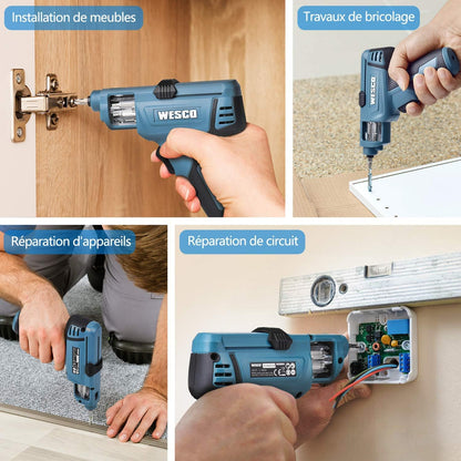 WESCO Tournevis Electrique, Visseuse sans Fil 3.6V Batterie Li-ion 1500mAh avec 6pcs Embouts de Vissage, Petit Léger, LED lumière, Changement de Embouts Pratique WS2013