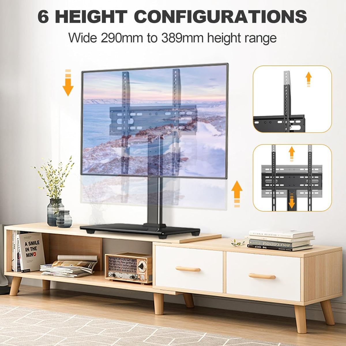 Support TV Sur Pied Universel 26-60 Pouces - Réglable Hauteur Jusqu'à 40kg VESA 400x400 Verre Trempé