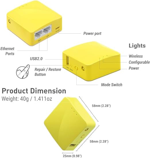 GL.iNet GL-MT300N-V2(Mango) Mini routeur WiFi VPN de Poche sans Fil Portable de Voyage - Point d'accès/Extender/WDS | OuvrirWrt | 2 Ports Ethernet | VPN OpenVPN/Wireguard | USB 2.0 | 128 Mo de RAM