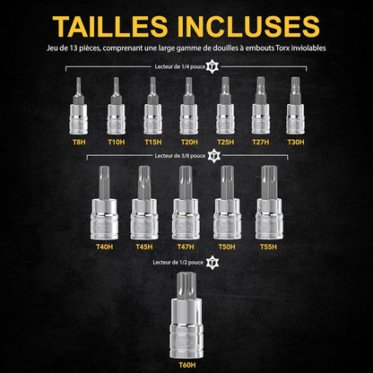 Set de 13 Douilles Tamper Proof Torx | Jeu de Sécurité douilles à embouts étoilé, taille de T8, T10, T15, T20, T25, T27, T30 T40, T45, T47, T50, T60 | entraînement 1/4 3/8 1/2, pour clés et perceuses