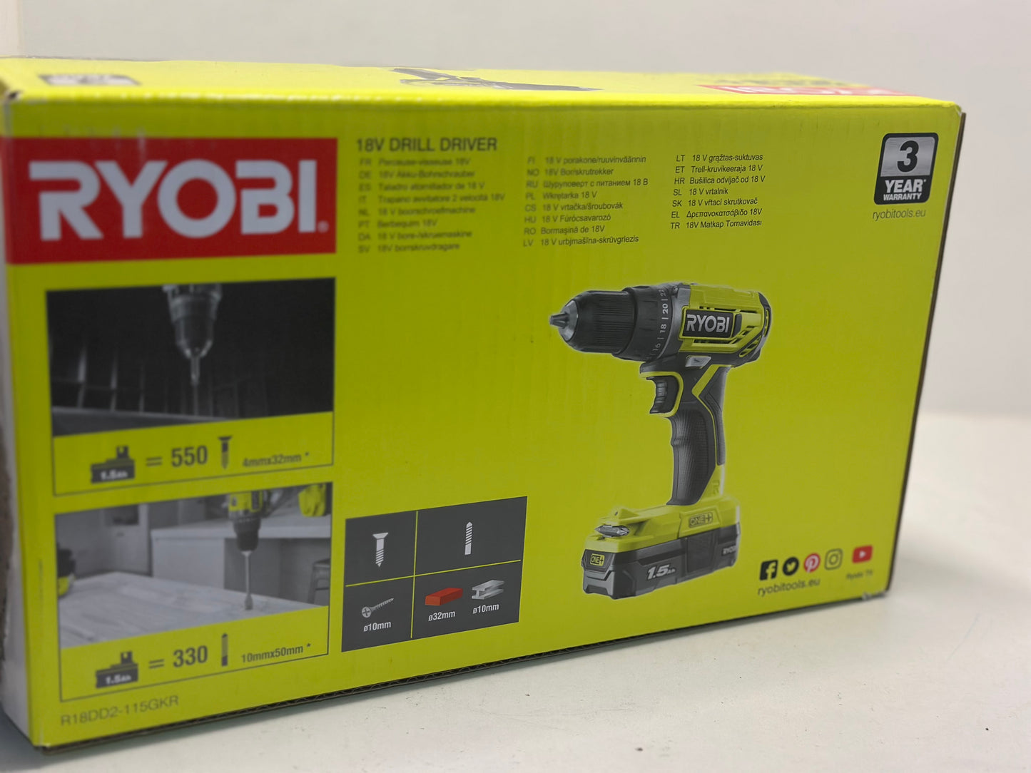 RYOBI Perceuse-visseuse sans fil 18V 50Nm Mandrin 13mm + 1 batterie + chargeur rapide + sac de transport + coffret de vissage