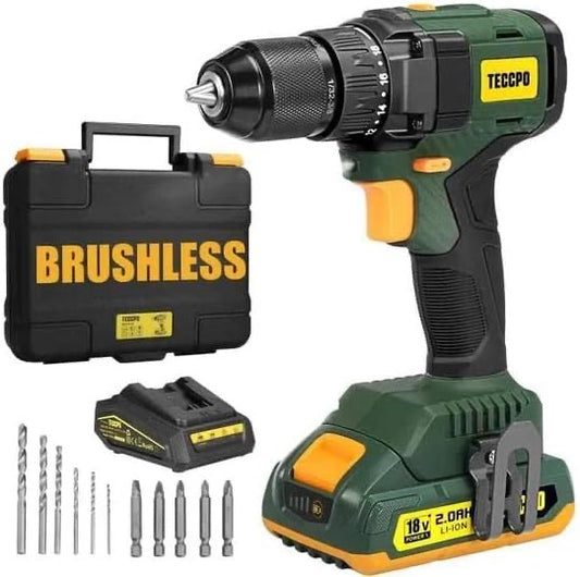 TECCPO Perceuse Visseuse sans Fil Brushless, 45Nm, Chargeur Rapide, 1 Batterie 2000mAh, 2 vitesses