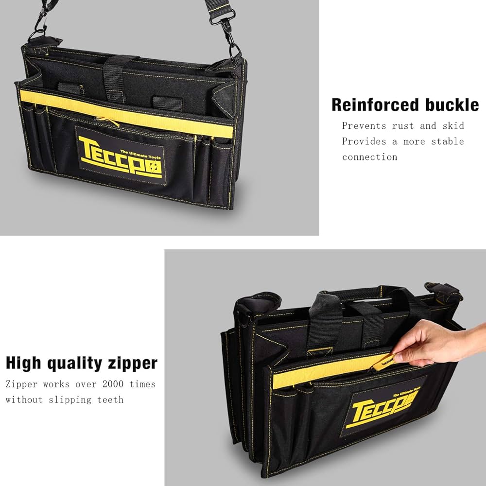 Sac a Outils, TECCPO Professional Sac Porte-outils 30 cm, Stockage Fort avec Base en Caoutchouc Resistant a lUsure, Bandouliere Reglable, Pognées en Caoutchouc, 16 Poches -