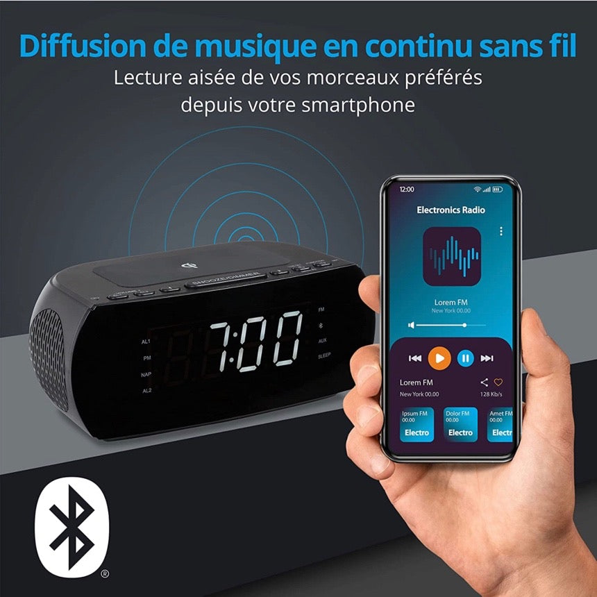MEDION Radio-réveil avec Station de Charge sans Fil (Radio-réveil FM numérique, Qi Pad de Charge Rapide pour Smartphones, Bluetooth, Sleep Timer, réveil, variateur, AUX, USB) Noir