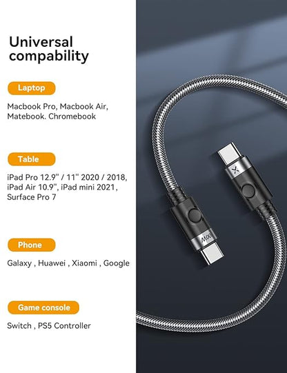 Câble USB C vers USB C 100 W, charge 20 V/5 A PD Type C - 0,6 m certifié, neuf
