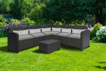 Salon bas de jardin, plastique recyclé, Sorrento CORNER anthracite, 5/6 places