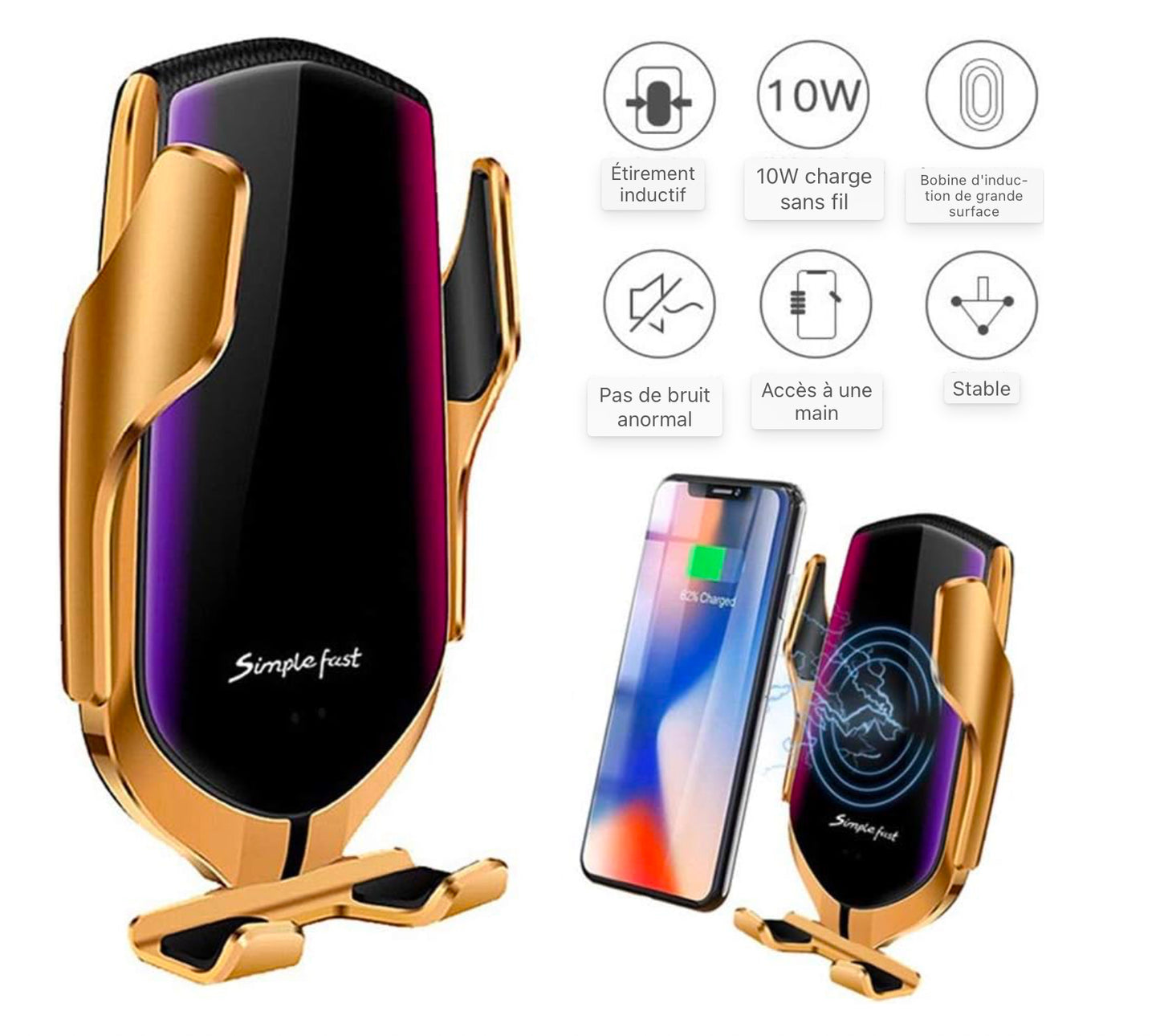 Chargeur de voiture sans fil, support de téléphone portable automatique Ventilation Station de charge inductive pour voiture 7,5W/10W pour iPhone 12/12 Pro/11 Pro/11/X/XS Max/XR,Galaxy S9/S10/S20/Note 10 et tous les téléphones compatibles QI