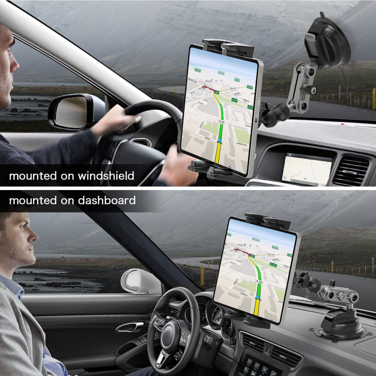 Support Tablette Voiture, Rotation à 360 Degrés Réglable Support iPad de Bord, Support Mural Tablette pour iPad Air Mini, iPhone, 4.7-12.9" Tablettes et Téléphones pour Mural, Voiture, Cuisine