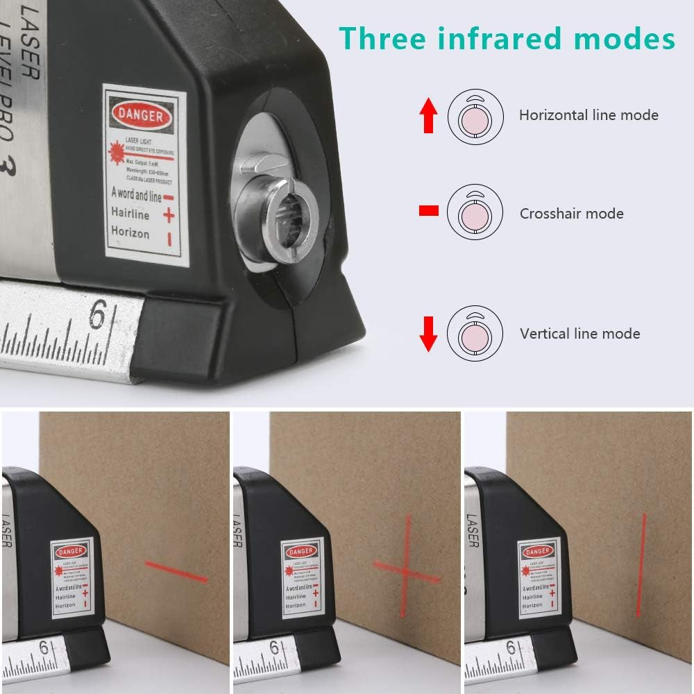 Niveau laser multifonctions, niveaux Intbase 3 Modes laser avec règle de mesure double face et ruban à mesurer 8 m / 2,5 m Niveau à bulle à 45 degrés Outil de mesure DIY (batterie incluse)
