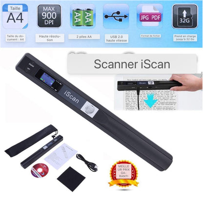 Scanner à main Scanner de documents couleur de résolution 900DPI Scanner portable sans fil A4 avec carte 8G Micro SD Format JPG et PDF Noir (Pack MEHRWEG)