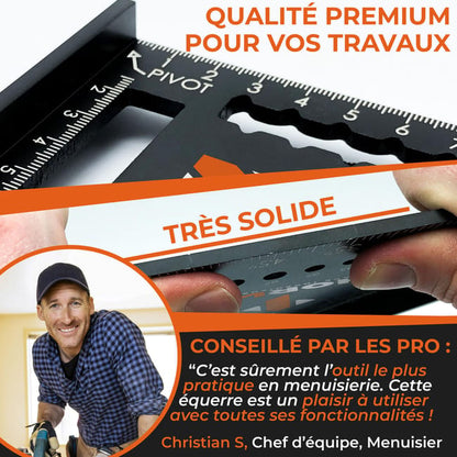 5 en 1 Equerre Menuisier 180 mm - Inclus Crayon Chantier - Multifonction : Trusquin / Raporteur / Gabarit de percage / Equerre a chapeau - Aluminium
