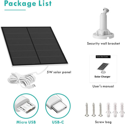 Panneau Solaire pour Caméra de Sécurité, 5W pour Micro USB et USB-C Port Caméra Extérieure Rechargeable, Panneaux Solaires avec 9.8ft Cable, Support Mural Ajustable, Traditionnel 2 Pack
