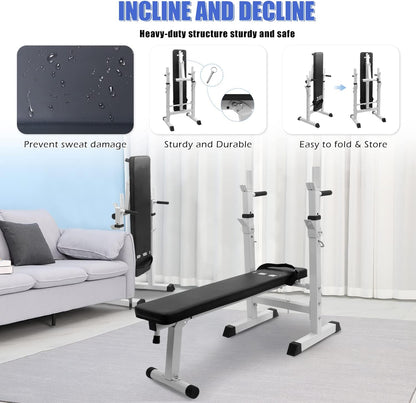 Banc de Musculation Pliable, Complet Réglable avec Support de Barres pour Haltère et Station à Dips