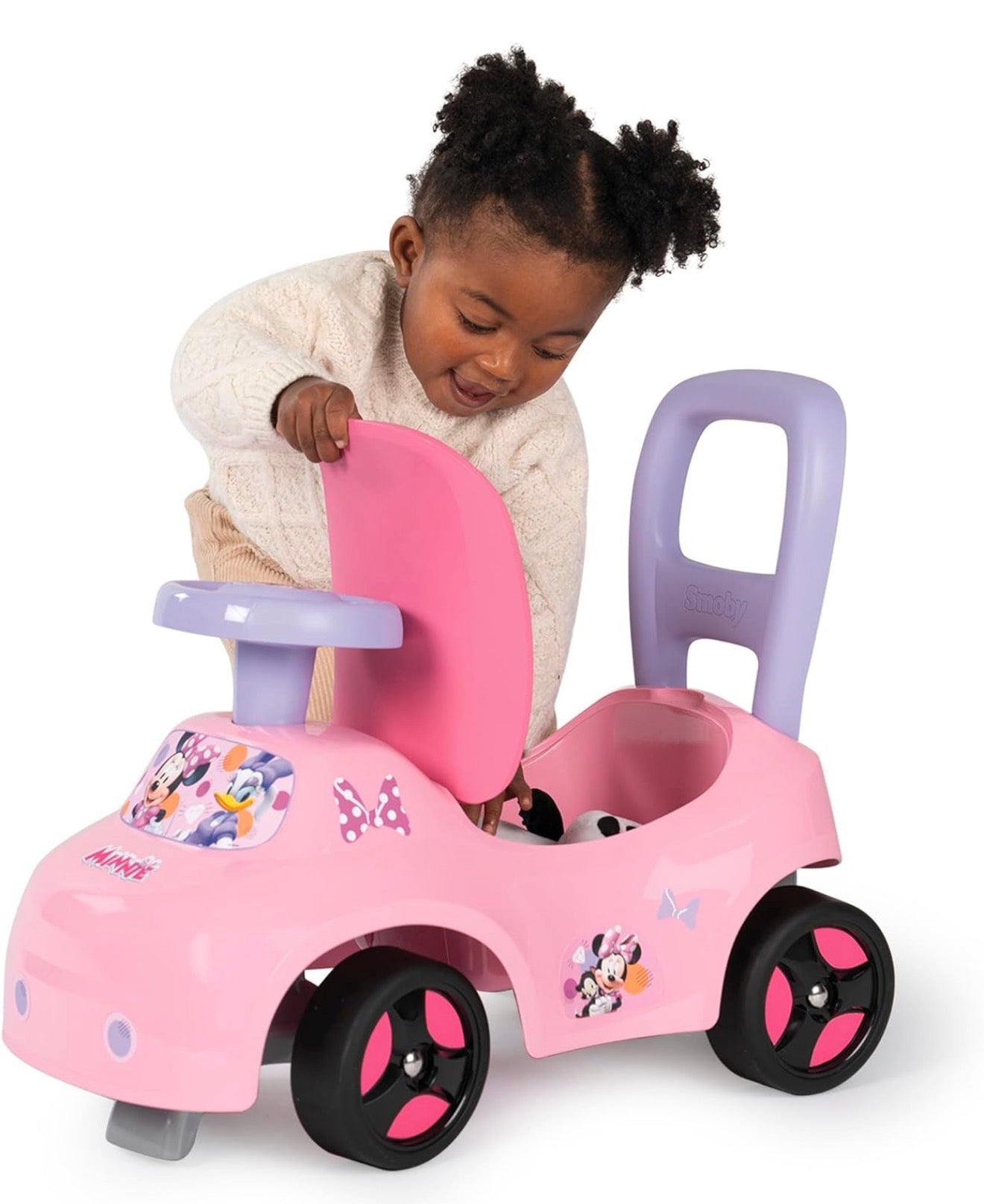 Smoby - Minnie Porteur Auto - Fonction Trotteur - Aide à la Marche - Volant Directionnel - Coffre à Jouets - Confiance, Coordination, Motricité - A Partir de 10 Mois - Fabrication Française